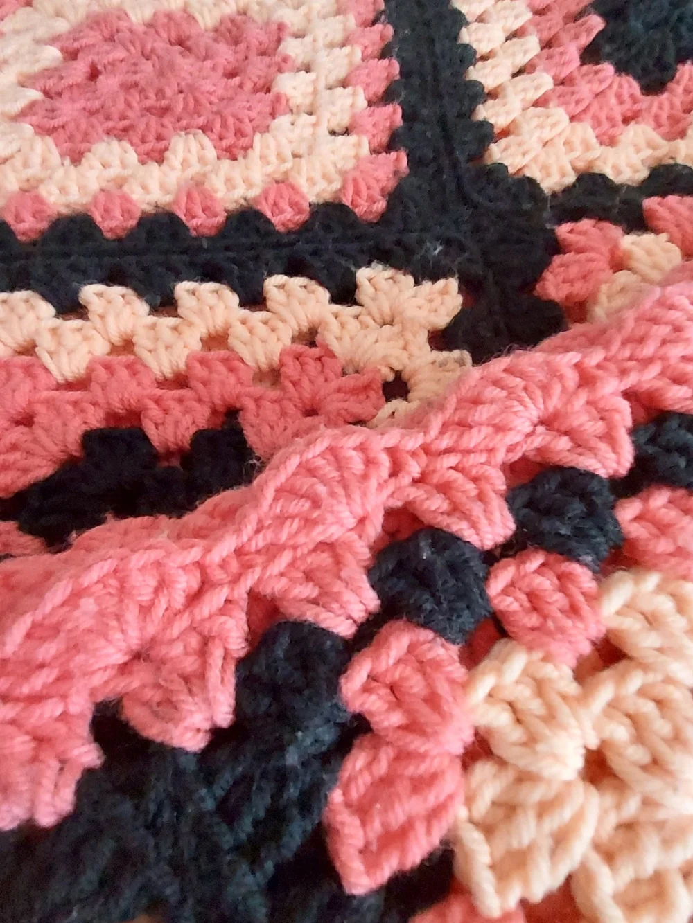 Handmade Melon, Black & Pink Crochet Granny Square Throw Blanket -Cozy 48